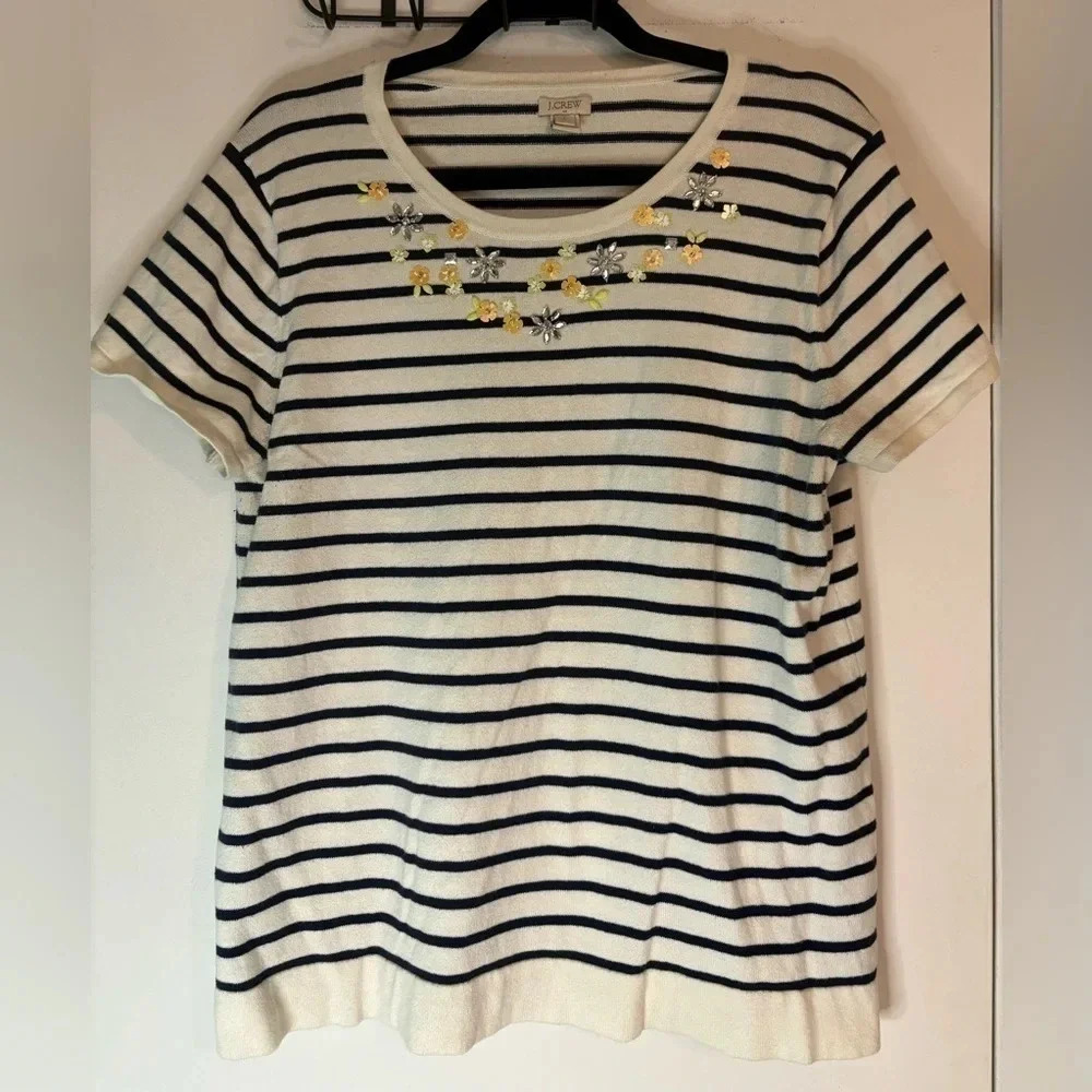 J CREW Womens Striped Embellished Rhinestone Sequin Short Sleeve Sweater Sz L